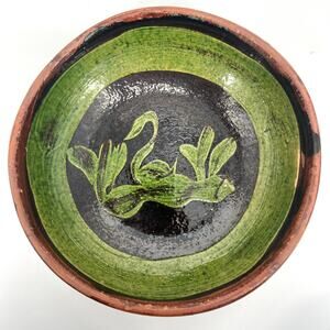 Vintage Patamban Michoacan Green Bowl Redware Pottery Mexico Folk Art